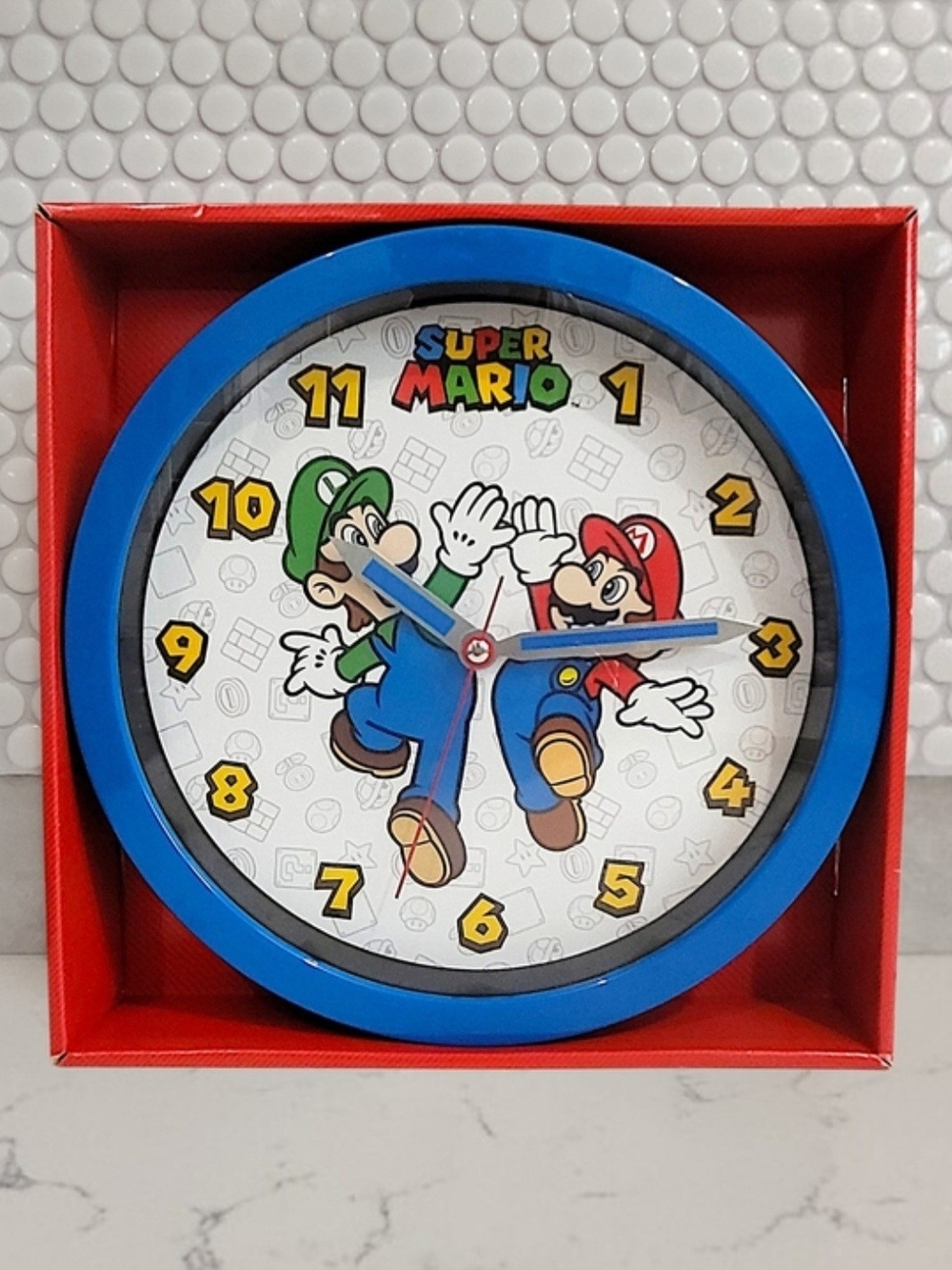 Nintendo Super Wall Clock Mario Brothers Blue Frame Analog Round 9¾"